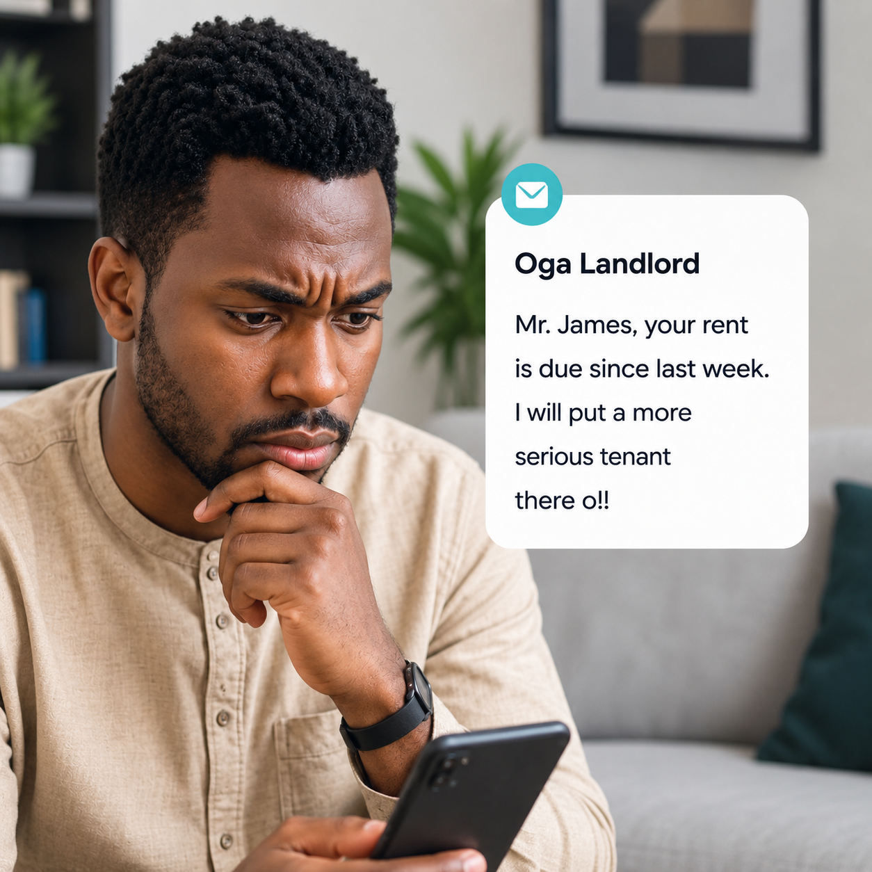 Worried tenant reading landlord rent reminder SMS